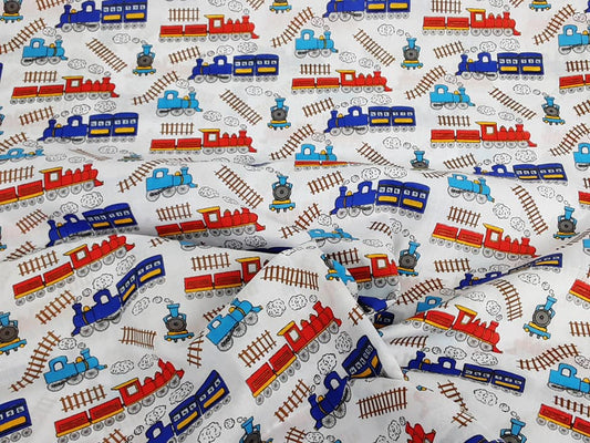 Sally Polycotton Train Track- White & Blue