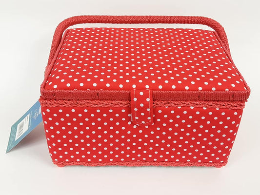 Medium Spotty Sewing Box, White on Red Polka Dot Printed Fabric, 26x19x15cm