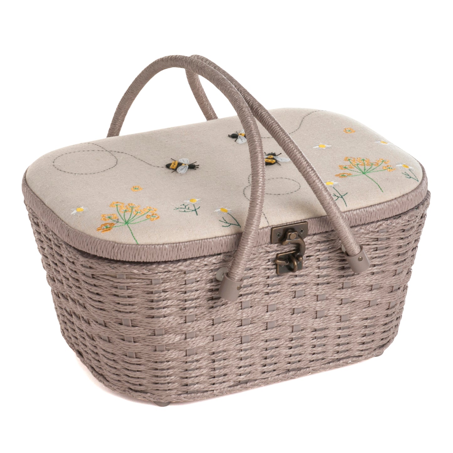 Sewing Box: Wicker Basket: Appliqué Linen Bee